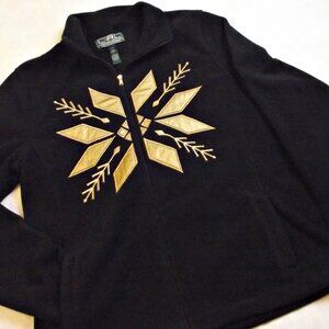 Ralph Lauren Active Womens Black Fleece Jacket Zipper Gold Snowflake
